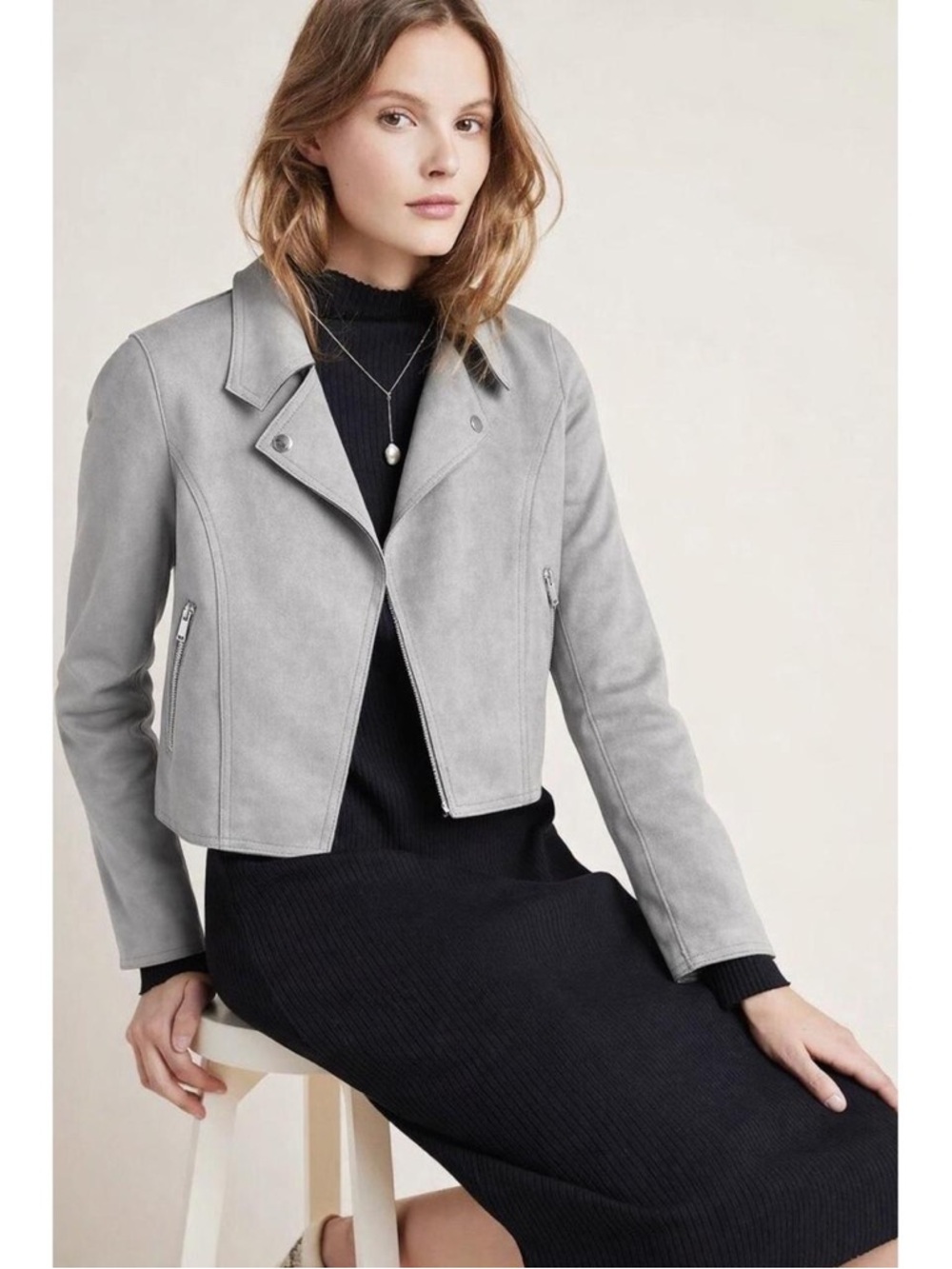 Anthropologie Light Gray Cropped Vegan Suede Moto Spring Jacket Size Small